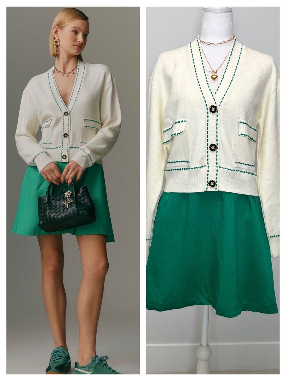 Anthropologie Dreamy Coquette Cardigan Twofer Mini Dress Ivory Green NWT M Fall